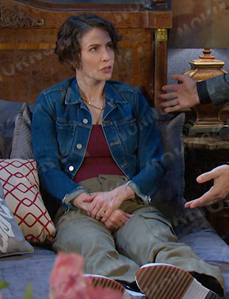 Sarah's denim jacket and sneakers on Days of our Lives