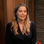 Sasha’s blue v-neck satin blouse on General Hospital