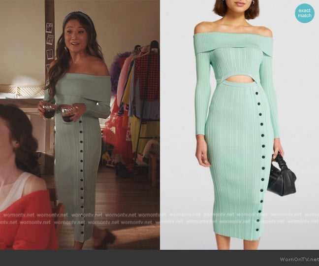 Self Portrait Rib-Knit Off-The-Shoulder Midi Dress worn by Mindy Chen (Ashley Park) on Emily in Paris