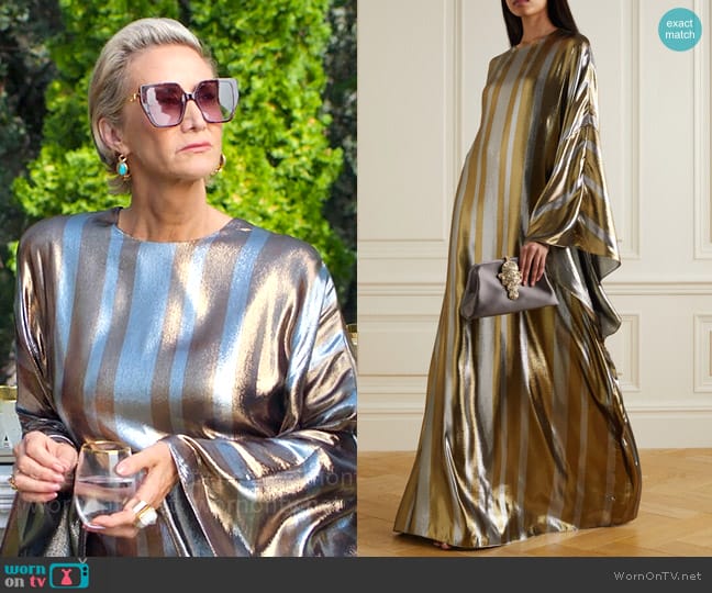 Semsem Striped Silk-blend Lamé Gown worn by Hera (Janet McTeer) on Kaos