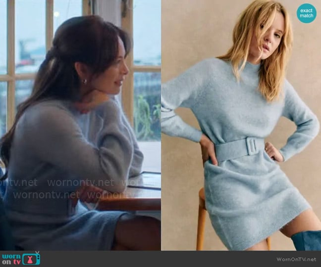 Cassandra’s blue sweater dress on Murder in a Small Town