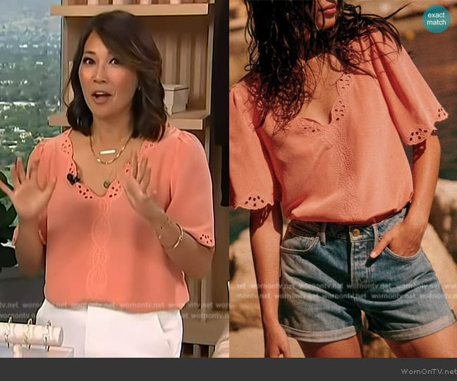 Sezane Francia Blouse worn by Diane Mizota on Access Hollywood