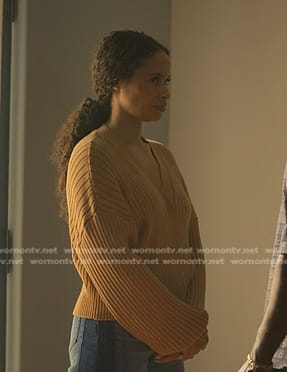 Shanelle's beige ribbed cardigan on Reasonable Doubt