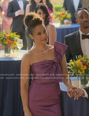 Shanelle's purple bow one-shoulder dress on Reasonable Doubt