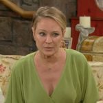 Sharon’s green wrap knit top on The Young and the Restless