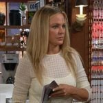 Sharon’s cream sheer textured top and braided jeans on The Young and the Restless