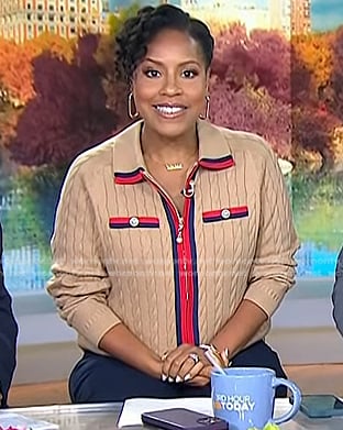 Sheinelle's beige cable knit zip front sweater on Today