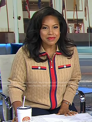 Sheinelle’s beige cable knit zip front sweater on Today