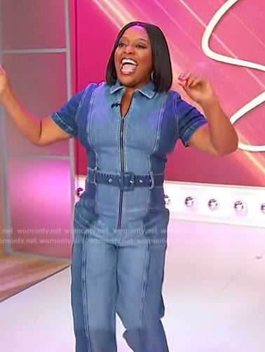 Sherri’s denim belted jumpsuit on Sherri