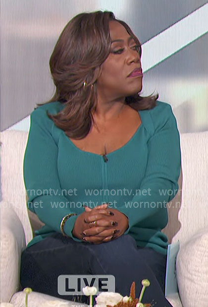 Sheryl's teal rib knit long sleeve top on The Talk