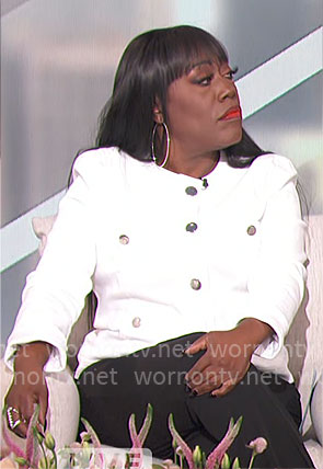 Sheryl's white jacket with silver buttons on The Talk