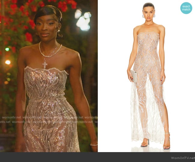 Sid Neigum Sheer Sequin Strapless Dress worn by Chelsea Lazkani on Selling Sunset