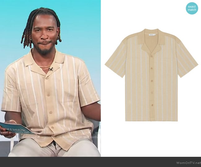 Simkhai Justin Yarn Dye Stripe Shirt worn by Scott Evans on Access Hollywood