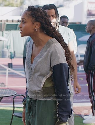 Simone’s gray patchwork sweatshirt on All American Homecoming