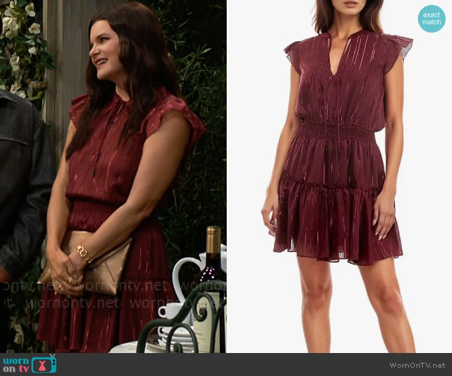 Socialite Metallic Ruffle Dress in Wine worn by Katie Logan (Heather Tom) on The Bold and the Beautiful