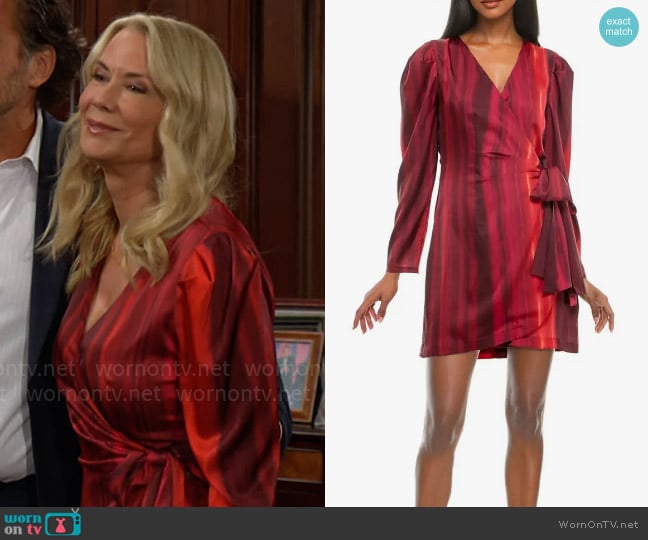 Socialite Stripe Long Sleeve Satin Wrap Dress worn by Brooke Logan (Katherine Kelly Lang) on The Bold and the Beautiful