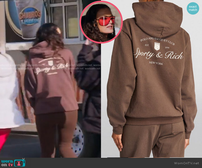 Sporty & Rich Syracuse Hoodie in Chocolate worn by Lisa Barlow on The Real Housewives of Salt Lake City