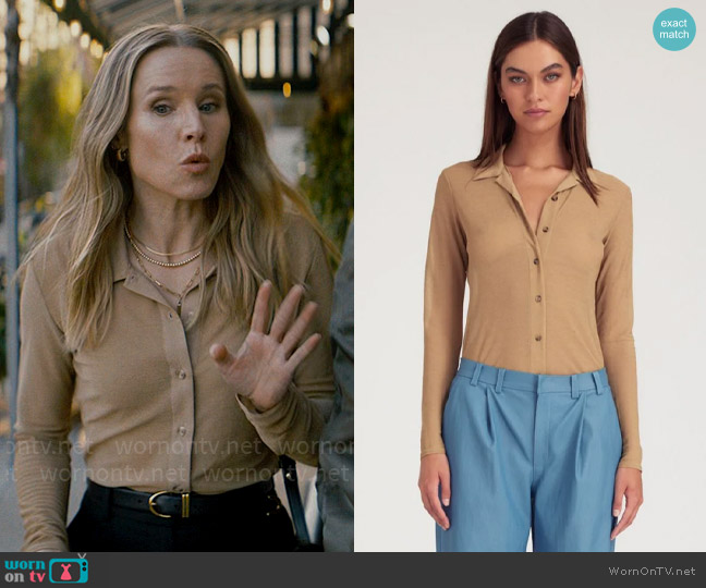 Sprwmn Knit Mesh Button Up in Khaki worn by Joanne (Kristen Bell) on Nobody Wants This