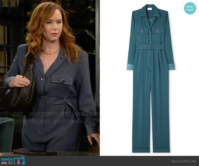 St John Italian Satin Back Crepe Jumpsuit worn by Mariah Copeland (Camryn Grimes) on The Young and the Restless