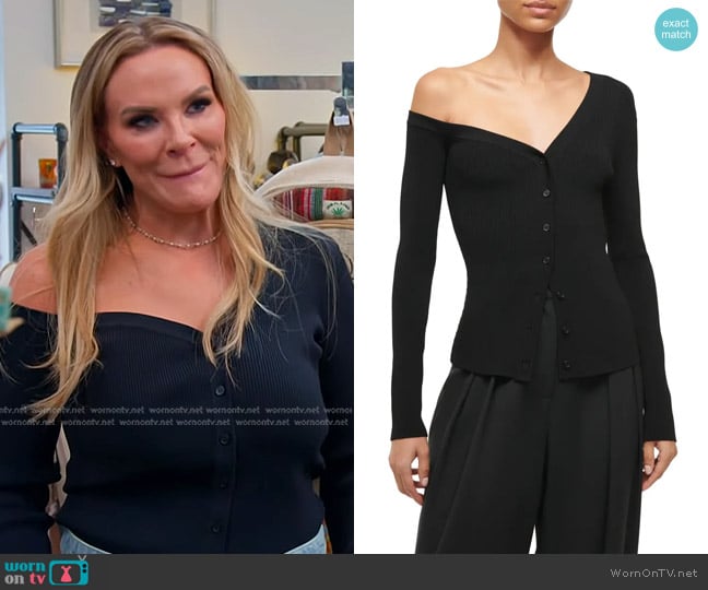 Staud Craftsman One-Shoulder Rib Cardigan worn by Heather Gay on The Real Housewives of Salt Lake City