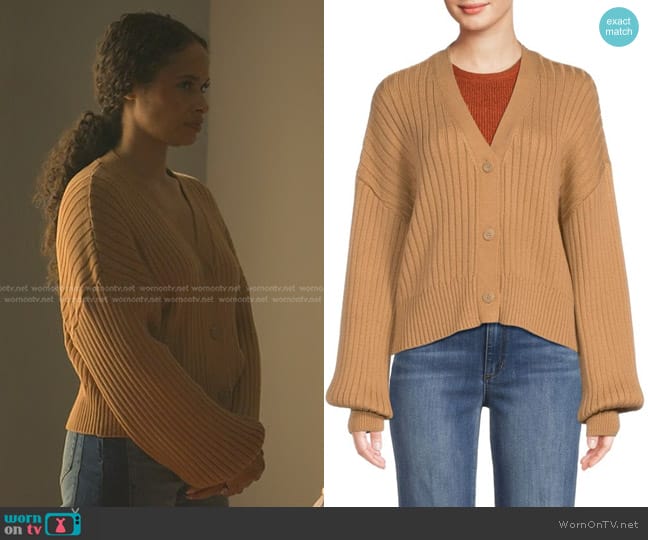 Staud Eloise Ribbed Knit Cardigan in Camel worn by Shanelle Tucker (Shannon Kane) on Reasonable Doubt