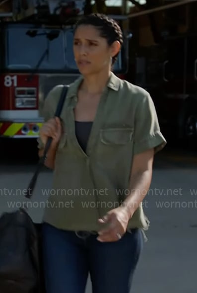 Stella’s green frayed-hem top on Chicago Fire