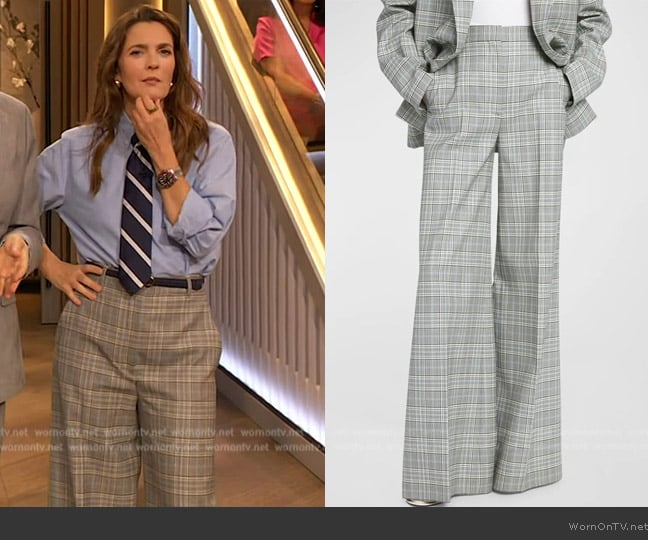 Stella McCartney Plaid Flared Wool Trousers worn by Drew Barrymore on The Drew Barrymore Show