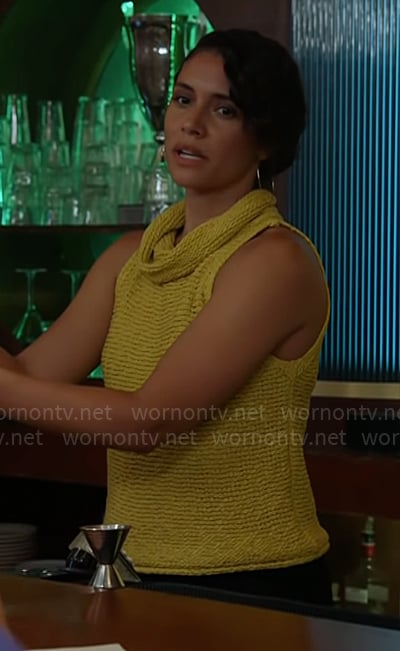 Stella's yellow knit cowl-neck top on Chicago Fire