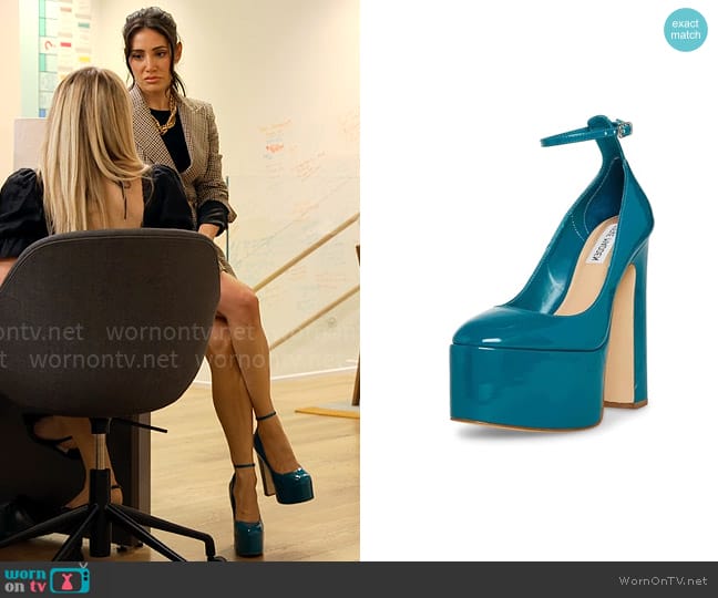 Steve Madden Skyrise Heel in Teal Patent worn by Chloe Tucker Caine on Owning Manhattan