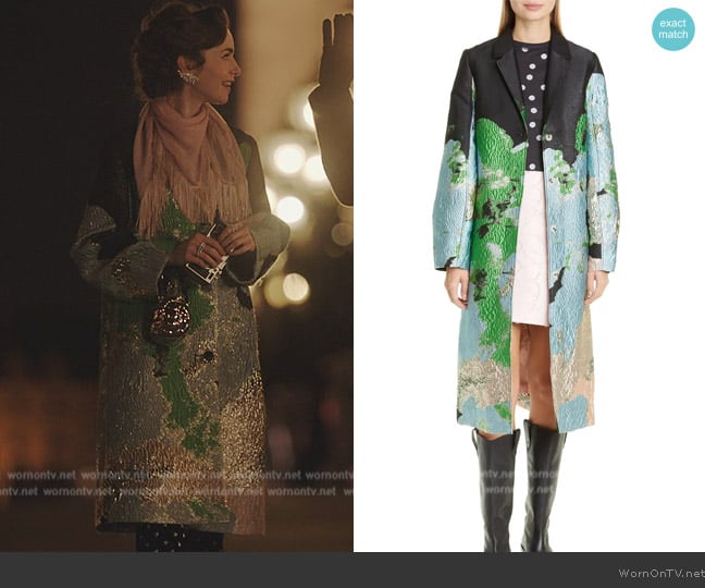 Stine Goya Cornelia Metallic Reycled Polyester Blend Jacquard Jacket worn by Emily Cooper (Lily Collins) on Emily in Paris