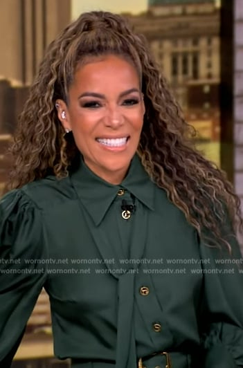 Sunny's green tie neck satin blouse and pants on The View