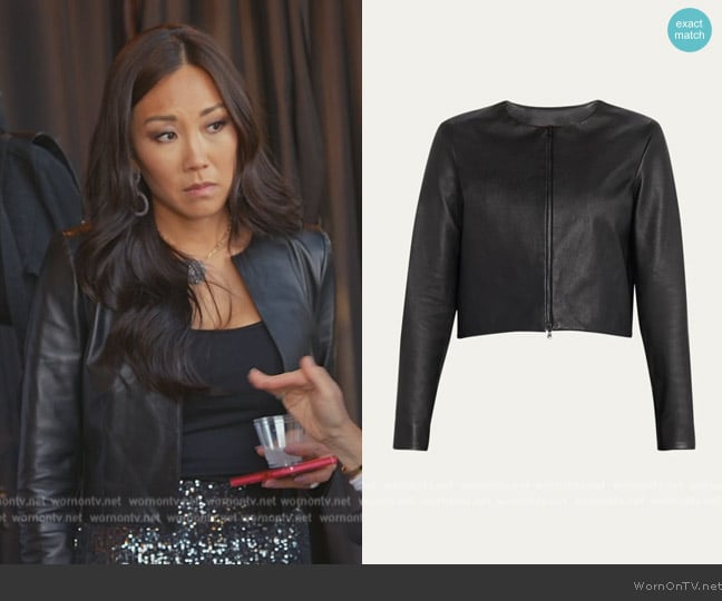 Susan Bender Stretch Leather Long-Sleeve Cardigan Jacket worn by Katie Ginella on The Real Housewives of Orange County