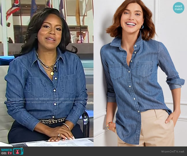 Talbots Denim Button Front Shirt in Marin Wash worn by Sheinelle Jones on Today