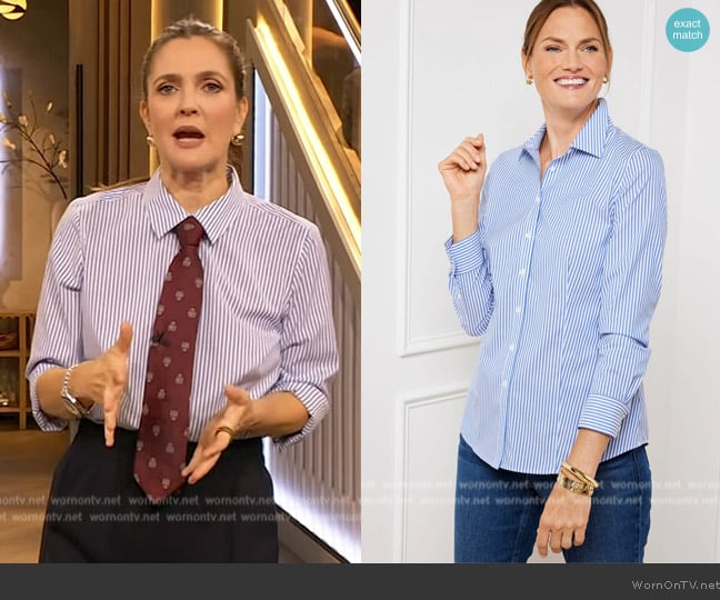 Talbots Non-Iron Perfect Shirt in Dreamy Stripe worn by Drew Barrymore on The Drew Barrymore Show