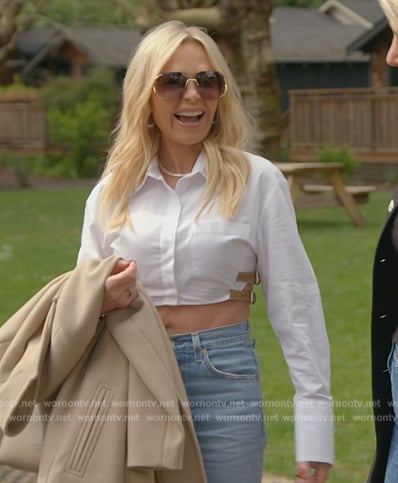 Tamra’s white buckle side crop top on The Real Housewives of Orange County