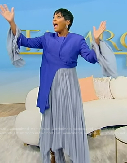 Tamron's blue asymmetric mixed media dress on Tamron Hall Show