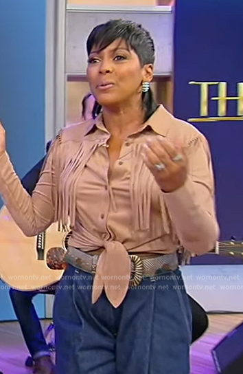 Tamron's brown suede fringe shirt on Tamron Hall Show