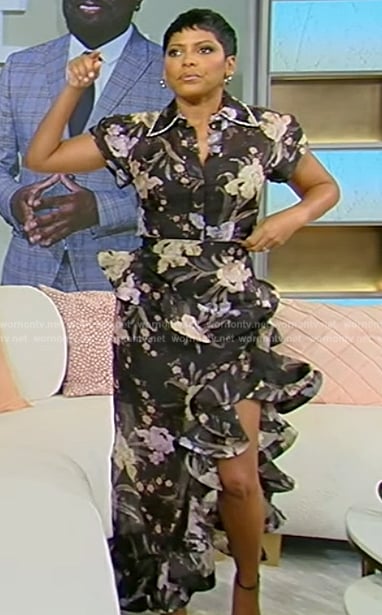 Tamron's black floral print ruffle skirt and top on Tamron Hall Show