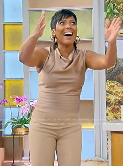 Tamron's cowl neck top and pants on Tamron Hall Show