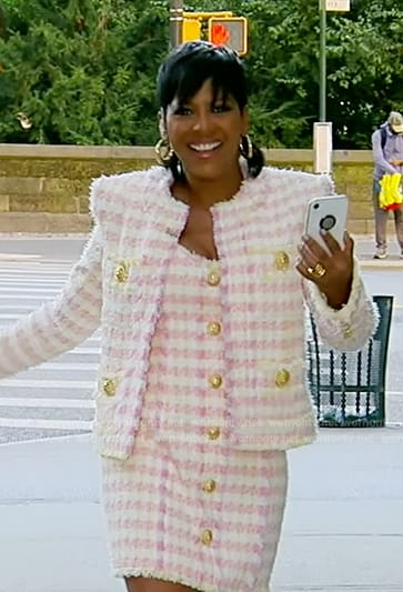 Tamron's pink tweed dress and jacket on Tamron Hall Show