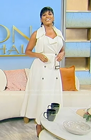 Tamron's white belted trench dress on Tamron Hall Show