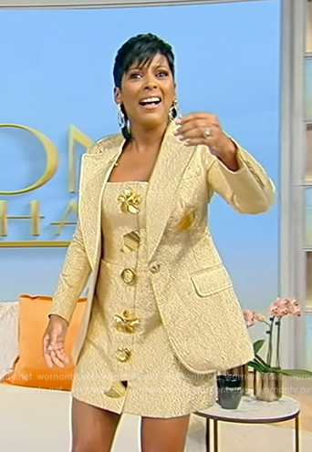 Tamron's gold metallic dress and blazer on Tamron Hall Show