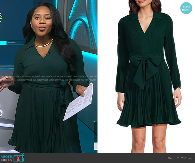 Taylor Pleated Chiffon Tie Waist Mini Dress in Pine worn by Kay Angrum on NBC News Daily