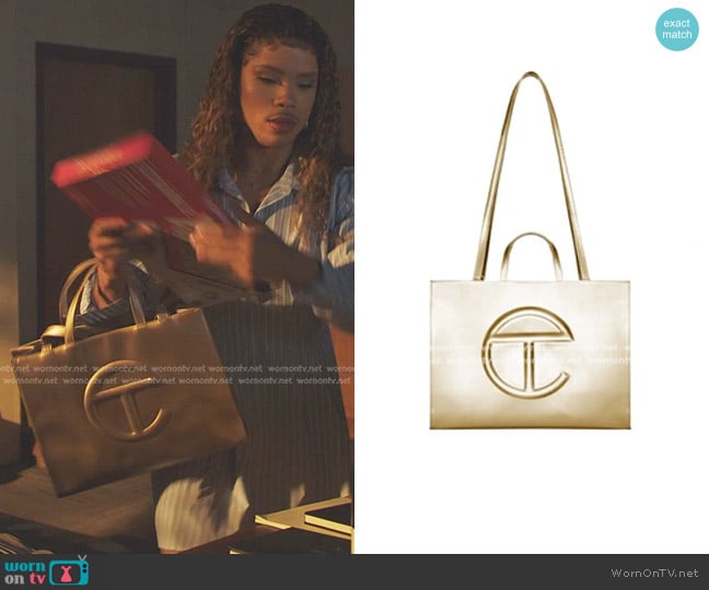 Telfar Shopping Bag in Gold worn by Nathanial Hardin (Rhoyle Ivy King) on All American Homecoming