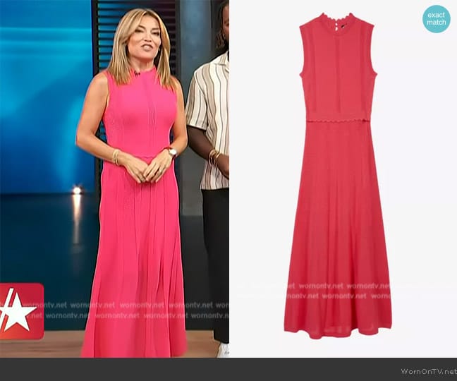 The Kooples Scalloped-neck slim-fit knitted maxi dress worn by Kit Hoover on Access Hollywood