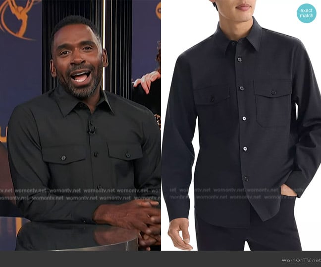 Theory Garvin B T Wool Stretch Regular Fit Button Down Shirt worn by Justin Sylvester on E! News