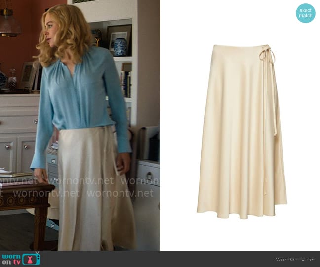 Theory Overlap satin midi skirt worn by Greer Garrison Winbury (Nicole Kidman) on The Perfect Couple