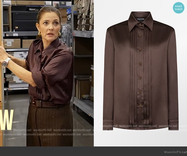 Tom Ford Fluid Charmeuse Silk Shirt with Plisse Plastron worn by Drew Barrymore on The Drew Barrymore Show