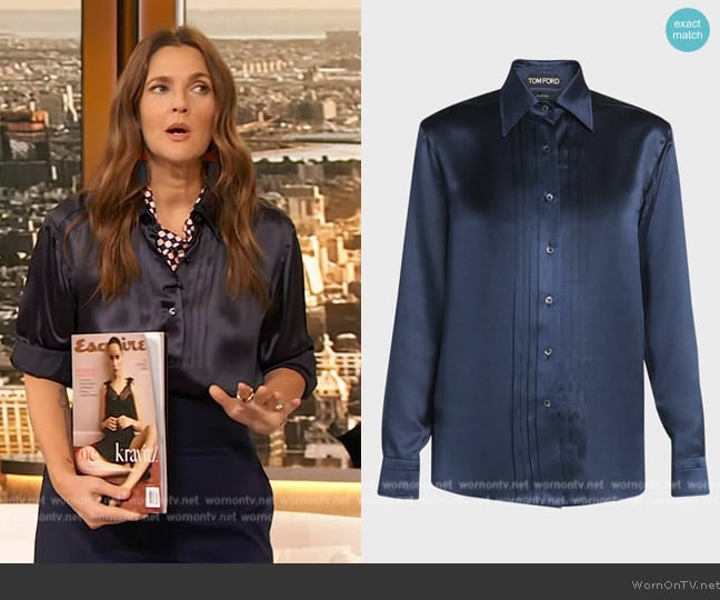 Tom Ford Fluid Charmeuse Pleated Silk Button-Front Blouse worn by Drew Barrymore on The Drew Barrymore Show