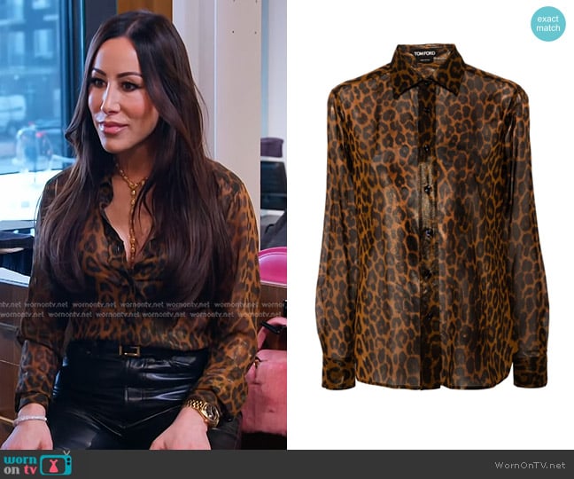 Tom Ford Laminated Leopard Metallic Silk Button-Up Shirt worn by Angie Katsanevas on The Real Housewives of Salt Lake City